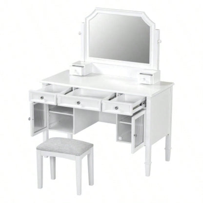 44.4 Makeup Vanity Desk with Large Adjustable Mirror, Dressing Table Set with Drawer Cabinet, Space - Saving Beauty Station Bedroom, White
