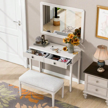 Modern Vanity Desk with Mirror, Adult Makeup Table Set with Stool, Home Office Desk, 2 Large Drawers, White