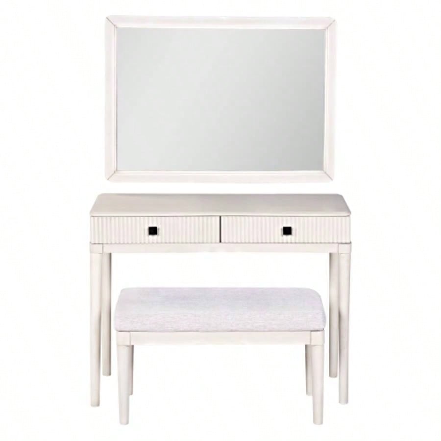 Modern Vanity Desk with Mirror, Adult Makeup Table Set with Stool, Home Office Desk, 2 Large Drawers, White