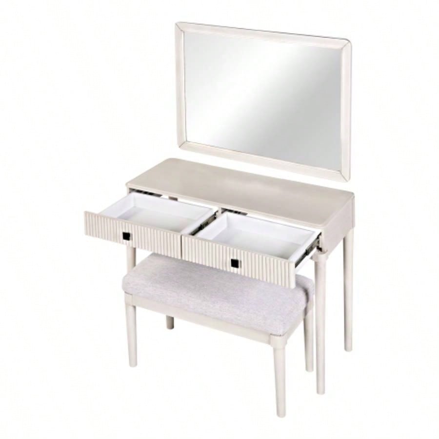 Modern Vanity Desk with Mirror, Adult Makeup Table Set with Stool, Home Office Desk, 2 Large Drawers, White
