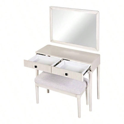 Modern Vanity Desk with Mirror, Adult Makeup Table Set with Stool, Home Office Desk, 2 Large Drawers, White
