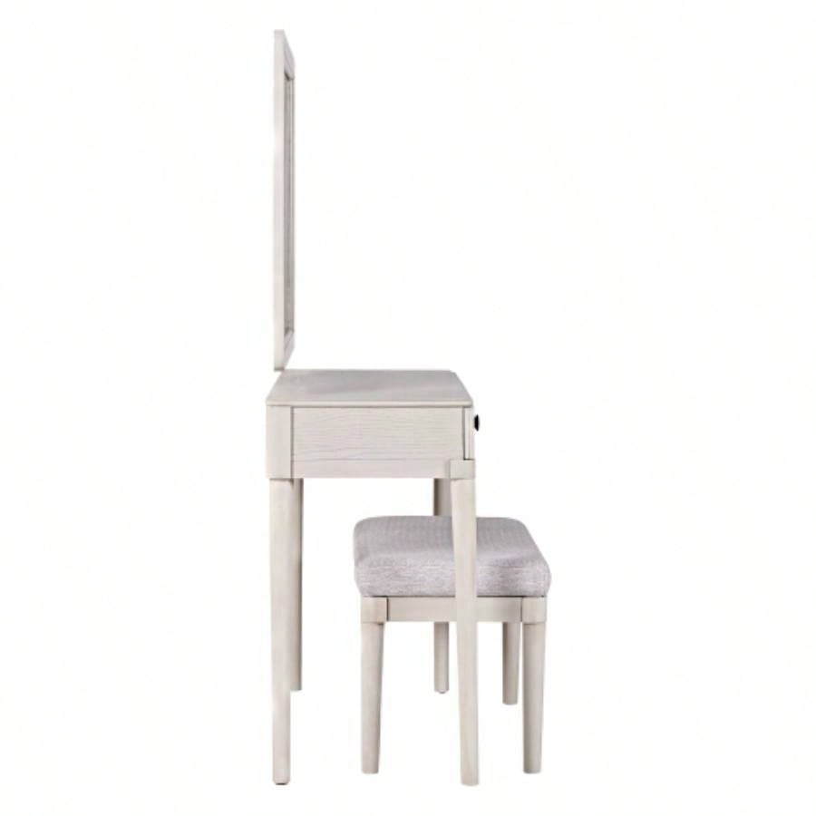 Modern Vanity Desk with Mirror, Adult Makeup Table Set with Stool, Home Office Desk, 2 Large Drawers, White