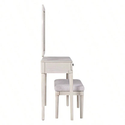 Modern Vanity Desk with Mirror, Adult Makeup Table Set with Stool, Home Office Desk, 2 Large Drawers, White