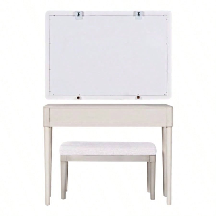 Modern Vanity Desk with Mirror, Adult Makeup Table Set with Stool, Home Office Desk, 2 Large Drawers, White