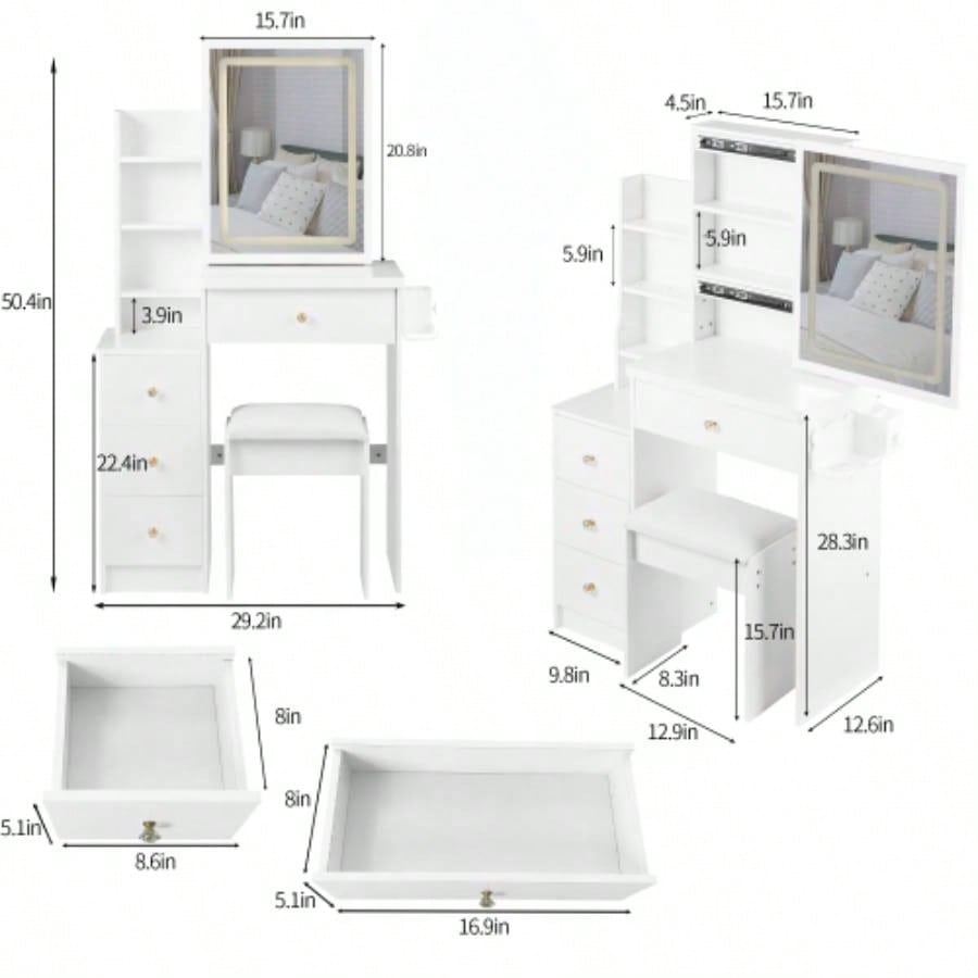 29.2 Small Size Left Bedside Cabinet Vanity Table+ Cushioned Stool, 2 AC+2 USB Power Station, Hair dryer bracket, Large Control Sliding LED Mirror, Tri - color Switching, Brightness Adjust