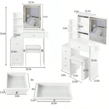 29.2 Small Size Left Bedside Cabinet Vanity Table+ Cushioned Stool, 2 AC+2 USB Power Station, Hair dryer bracket, Large Control Sliding LED Mirror, Tri - color Switching, Brightness Adjust