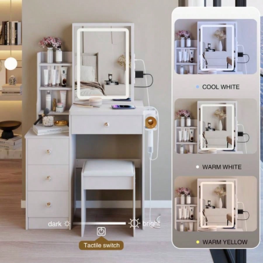 29.2 Small Size Left Bedside Cabinet Vanity Table+ Cushioned Stool, 2 AC+2 USB Power Station, Hair dryer bracket, Large Control Sliding LED Mirror, Tri - color Switching, Brightness Adjust
