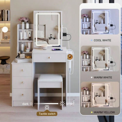 29.2 Small Size Left Bedside Cabinet Vanity Table+ Cushioned Stool, 2 AC+2 USB Power Station, Hair dryer bracket, Large Control Sliding LED Mirror, Tri - color Switching, Brightness Adjust