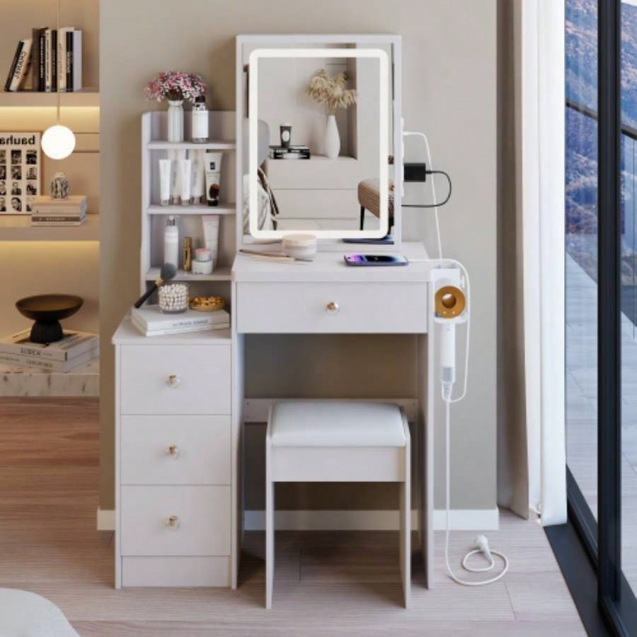 29.2 Small Size Left Bedside Cabinet Vanity Table+ Cushioned Stool, 2 AC+2 USB Power Station, Hair dryer bracket, Large Control Sliding LED Mirror, Tri - color Switching, Brightness Adjust