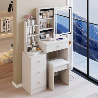 29.2 Small Size Left Bedside Cabinet Vanity Table+ Cushioned Stool, 2 AC+2 USB Power Station, Hair dryer bracket, Large Control Sliding LED Mirror, Tri - color Switching, Brightness Adjust