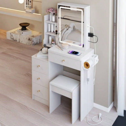 29.2 Small Size Left Bedside Cabinet Vanity Table+ Cushioned Stool, 2 AC+2 USB Power Station, Hair dryer bracket, Large Control Sliding LED Mirror, Tri - color Switching, Brightness Adjust