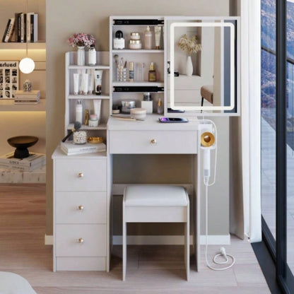 29.2 Small Size Left Bedside Cabinet Vanity Table+ Cushioned Stool, 2 AC+2 USB Power Station, Hair dryer bracket, Large Control Sliding LED Mirror, Tri - color Switching, Brightness Adjust