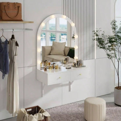 Floating Makeup Vanity Desk with Mirror 3 - Color Lights, Wall Dressing Table with Power Outlet, Compact vanity, Large Storage, White