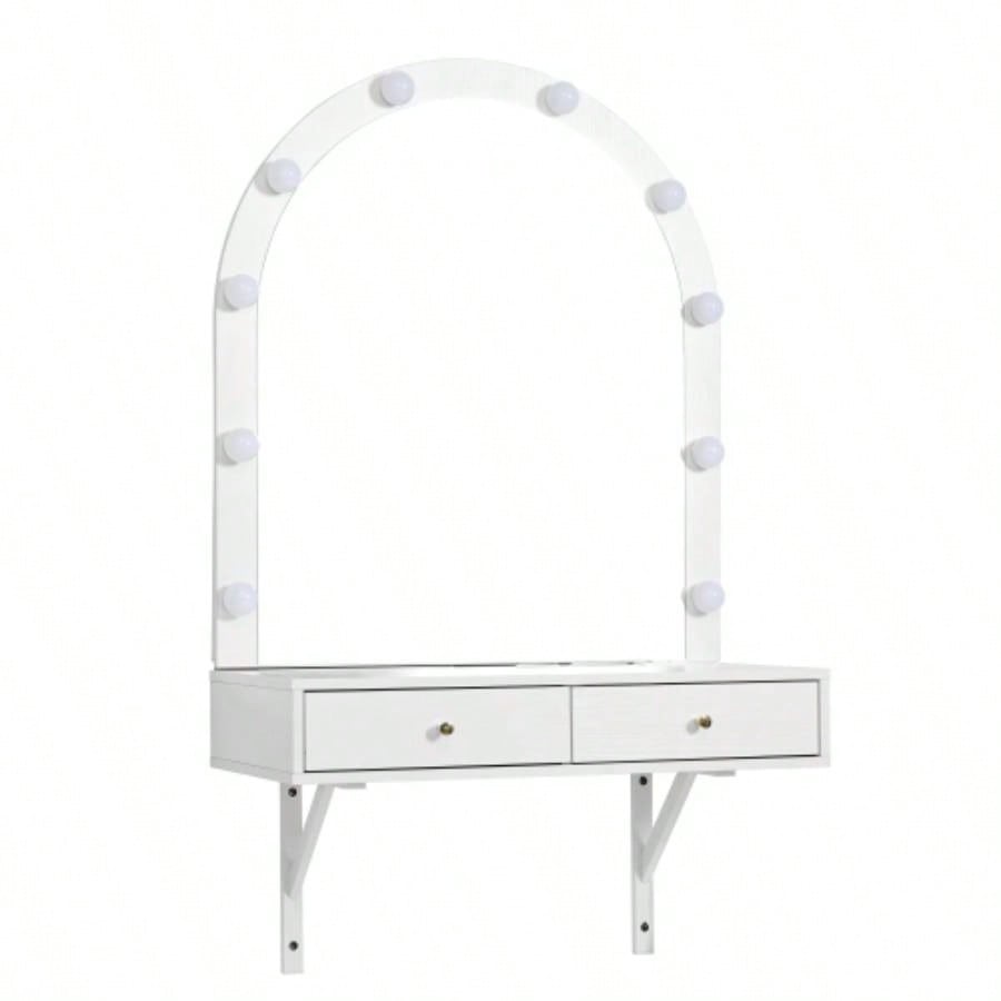 Floating Makeup Vanity Desk with Mirror 3 - Color Lights, Wall Dressing Table with Power Outlet, Compact vanity, Large Storage, White