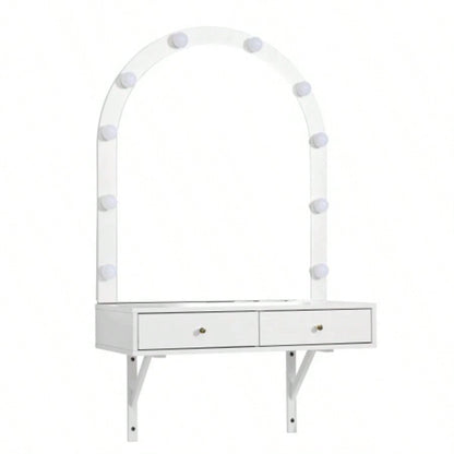 Floating Makeup Vanity Desk with Mirror 3 - Color Lights, Wall Dressing Table with Power Outlet, Compact vanity, Large Storage, White