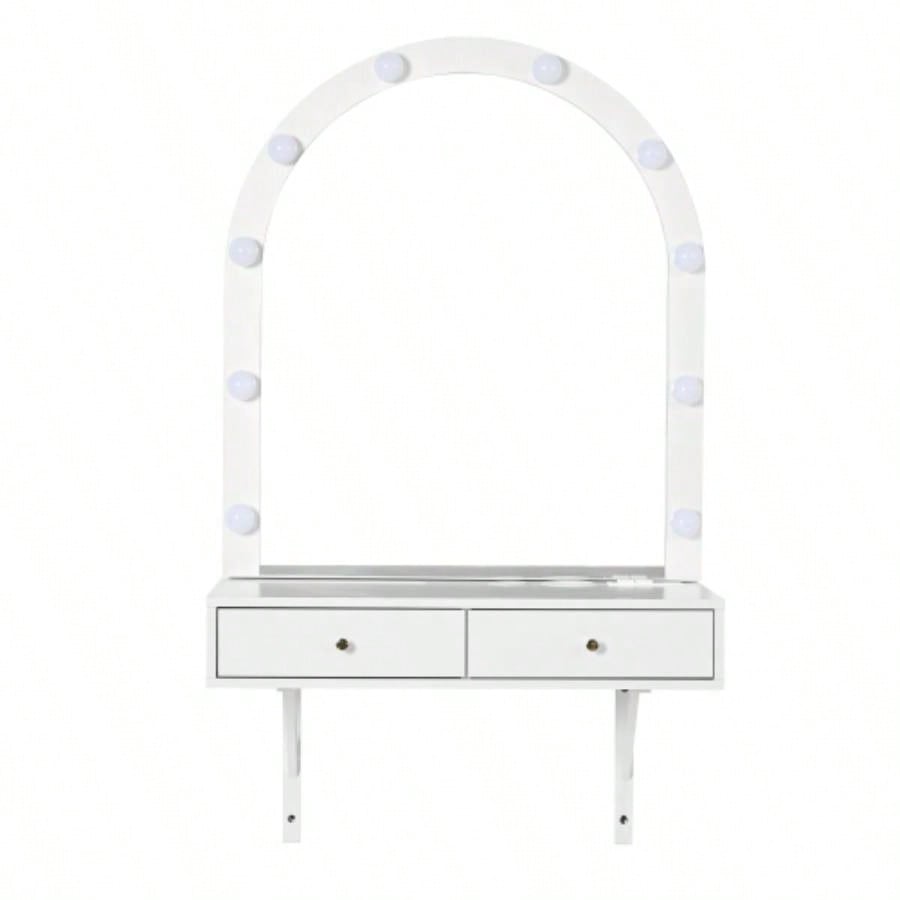 Floating Makeup Vanity Desk with Mirror 3 - Color Lights, Wall Dressing Table with Power Outlet, Compact vanity, Large Storage, White