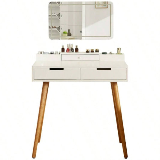 Makeup Vanity Desk with Removable Mirror and Lights, 3 Color Modes Adjustable Brightness Dressing Table, Small Vanity Table Set with 2 Drawers Bedroom, white 31.5