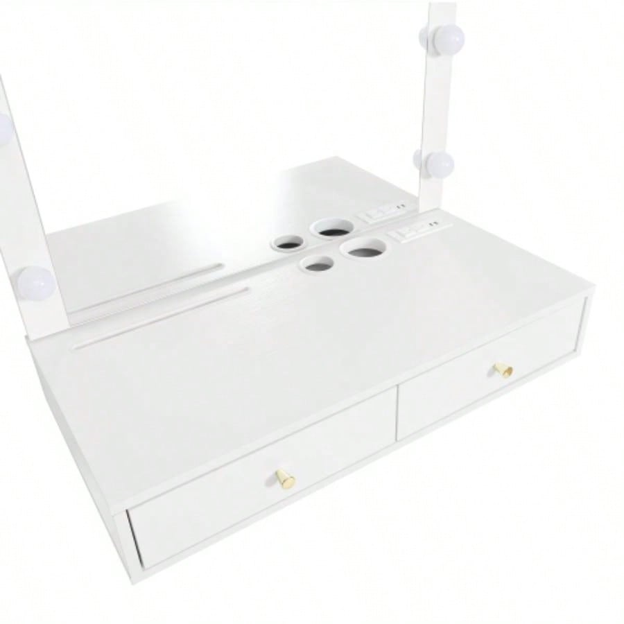 Floating Makeup Vanity Desk with Mirror 3 - Color Lights, Wall Dressing Table with Power Outlet, Compact vanity, Large Storage, White