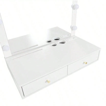 Floating Makeup Vanity Desk with Mirror 3 - Color Lights, Wall Dressing Table with Power Outlet, Compact vanity, Large Storage, White