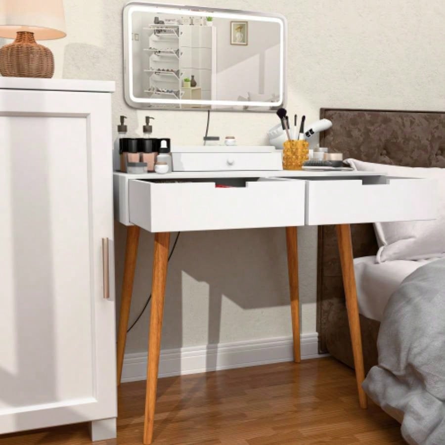 Makeup Vanity Desk with Removable Mirror and Lights, 3 Color Modes Adjustable Brightness Dressing Table, Small Vanity Table Set with 2 Drawers Bedroom, white 31.5
