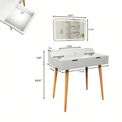 Makeup Vanity Desk with Removable Mirror and Lights, 3 Color Modes Adjustable Brightness Dressing Table, Small Vanity Table Set with 2 Drawers Bedroom, white 31.5