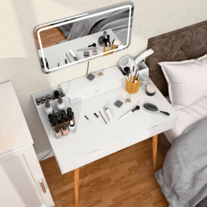 Makeup Vanity Desk with Removable Mirror and Lights, 3 Color Modes Adjustable Brightness Dressing Table, Small Vanity Table Set with 2 Drawers Bedroom, white 31.5