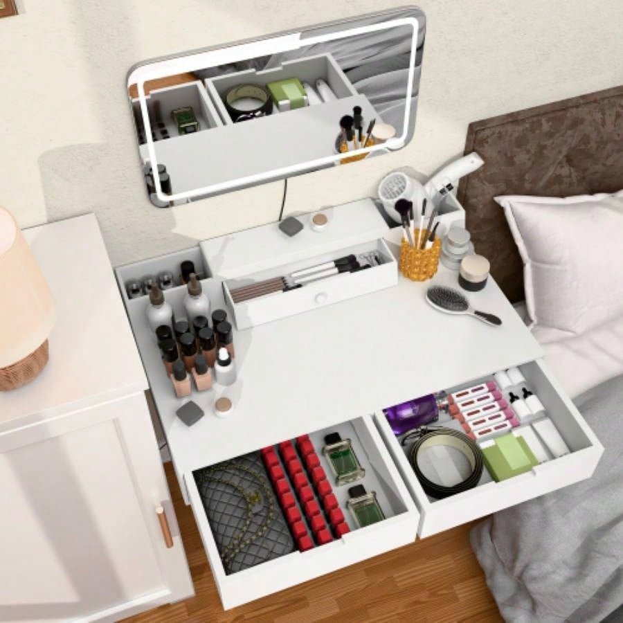 Makeup Vanity Desk with Removable Mirror and Lights, 3 Color Modes Adjustable Brightness Dressing Table, Small Vanity Table Set with 2 Drawers Bedroom, white 31.5
