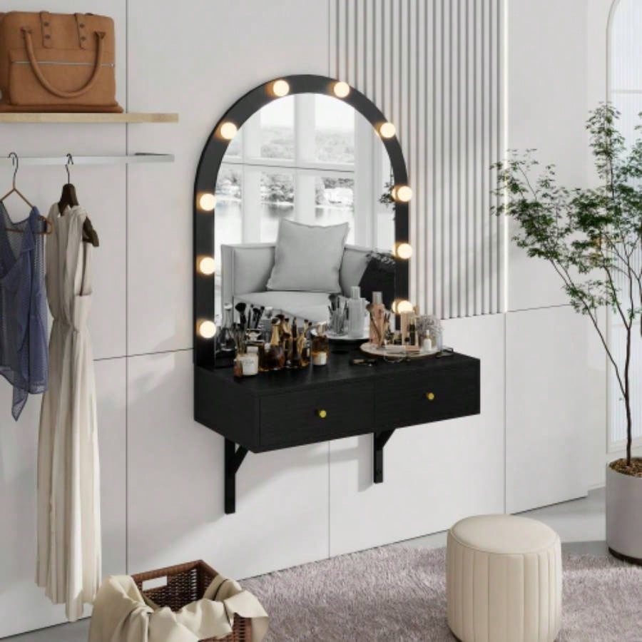 Floating Makeup Vanity Desk with Mirror 3 - Color Lights, Wall Dressing Table with Power Outlet, Compact vanity, Large Storage, White