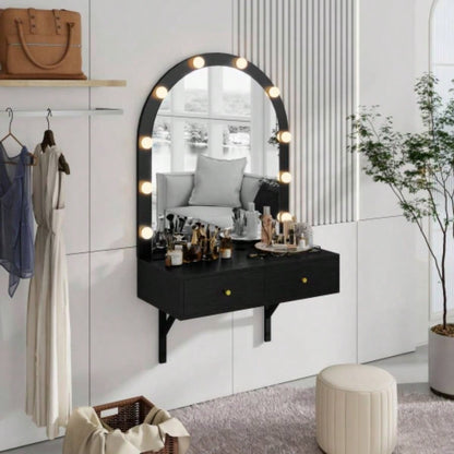 Floating Makeup Vanity Desk with Mirror 3 - Color Lights, Wall Dressing Table with Power Outlet, Compact vanity, Large Storage, White