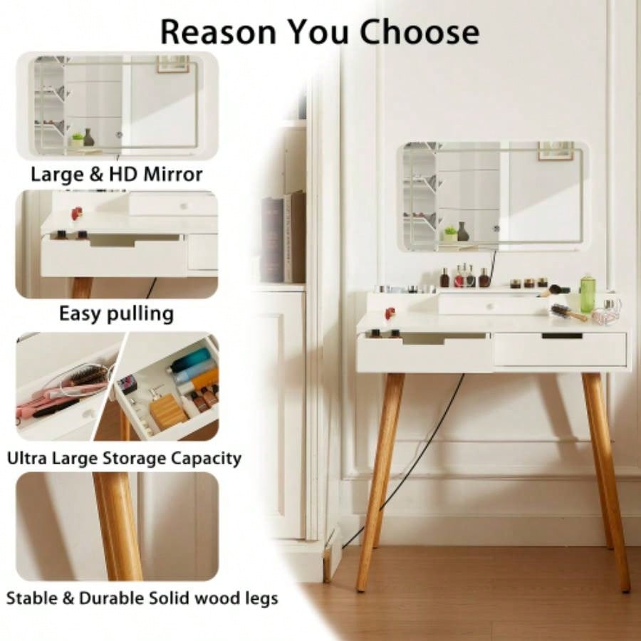 Makeup Vanity Desk with Removable Mirror and Lights, 3 Color Modes Adjustable Brightness Dressing Table, Small Vanity Table Set with 2 Drawers Bedroom, white 31.5