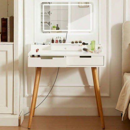 Makeup Vanity Desk with Removable Mirror and Lights, 3 Color Modes Adjustable Brightness Dressing Table, Small Vanity Table Set with 2 Drawers Bedroom, white 31.5