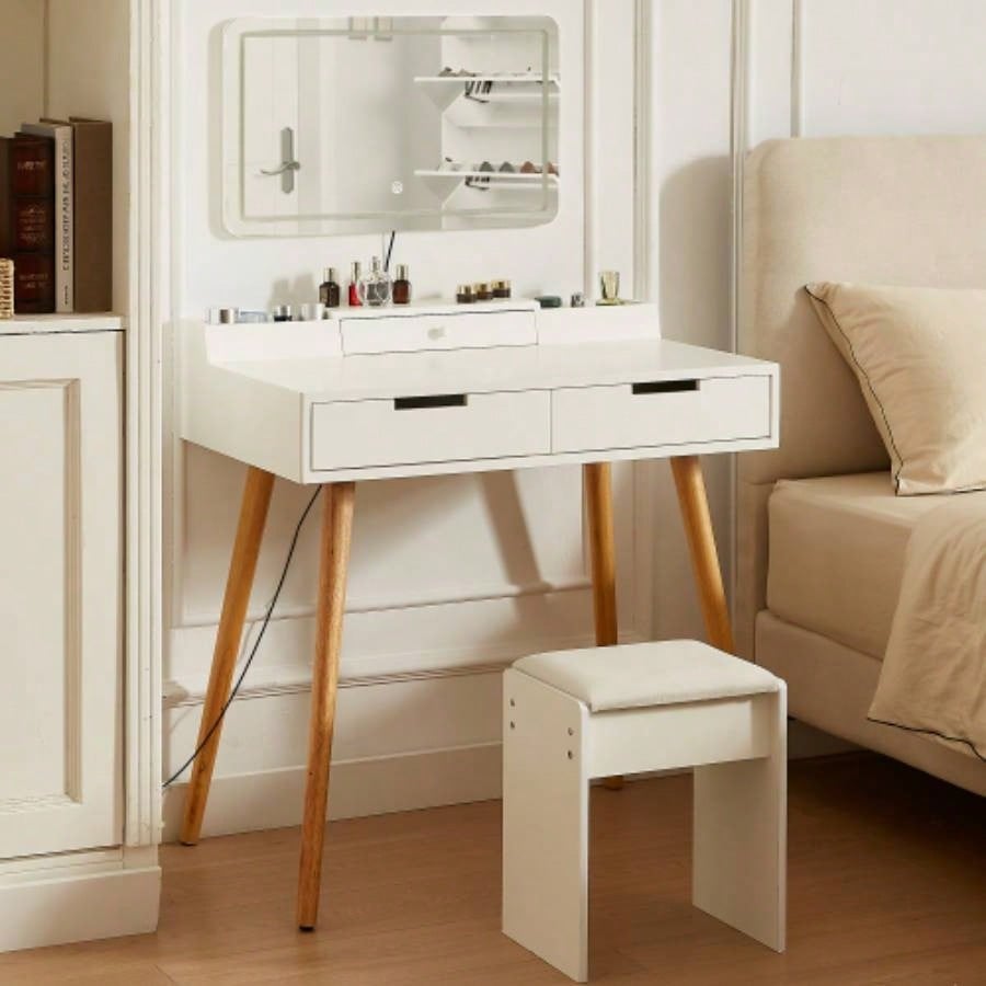 Makeup Vanity Desk with Removable Mirror and Lights, 3 Color Modes Adjustable Brightness Dressing Table, Small Vanity Table Set with 2 Drawers Bedroom, white 31.5