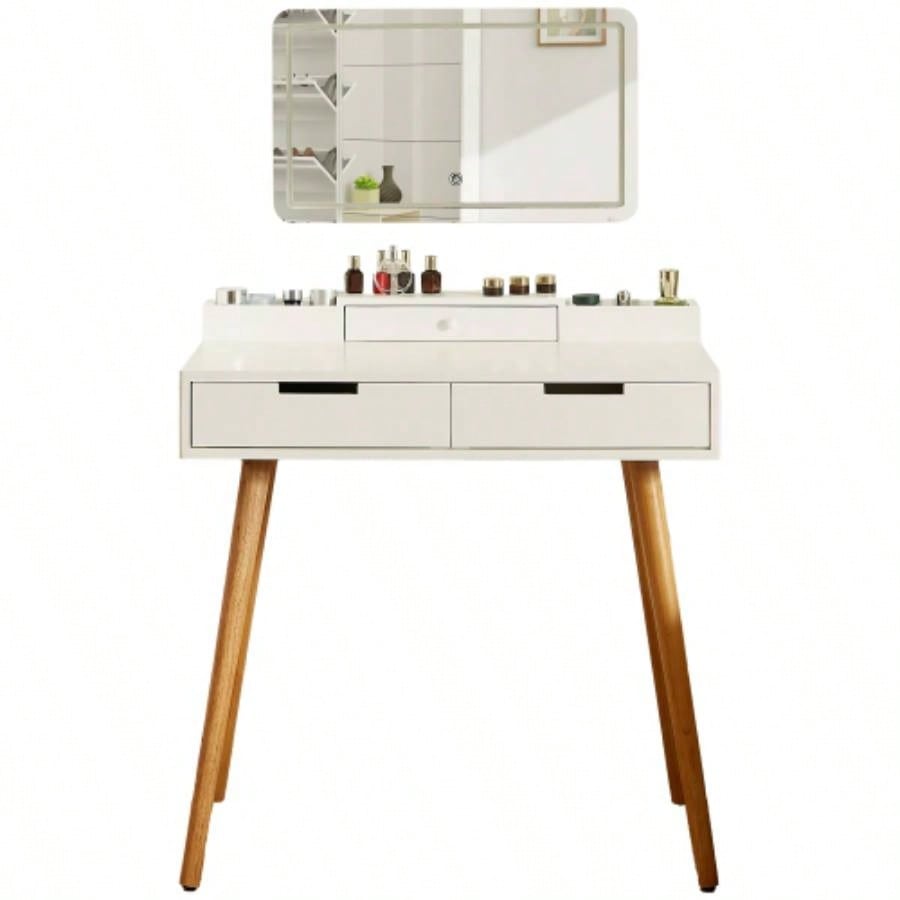 Makeup Vanity Desk with Removable Mirror and Lights, 3 Color Modes Adjustable Brightness Dressing Table, Small Vanity Table Set with 2 Drawers Bedroom, white 31.5