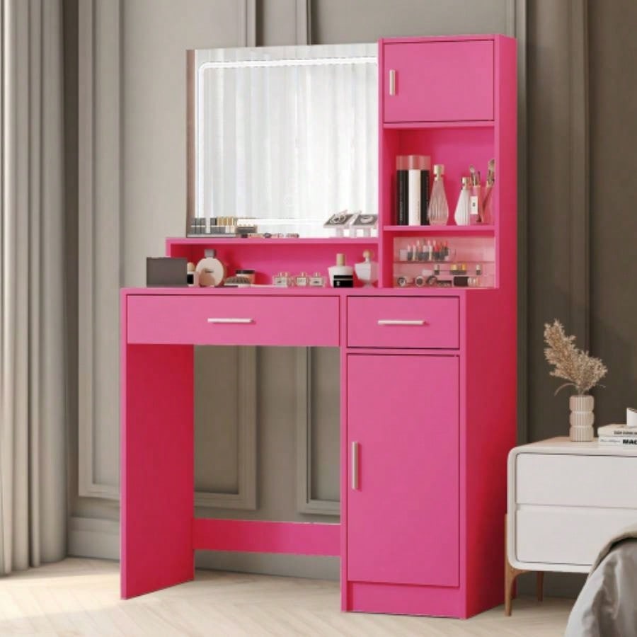 Vanity Desk with Mirror and LED Light Strip, Dressing Table with Large Drawer, 3 Level Storage Dresser 3 Lighting Modes Adjustable Brightness, Suitable Bedroom Pink