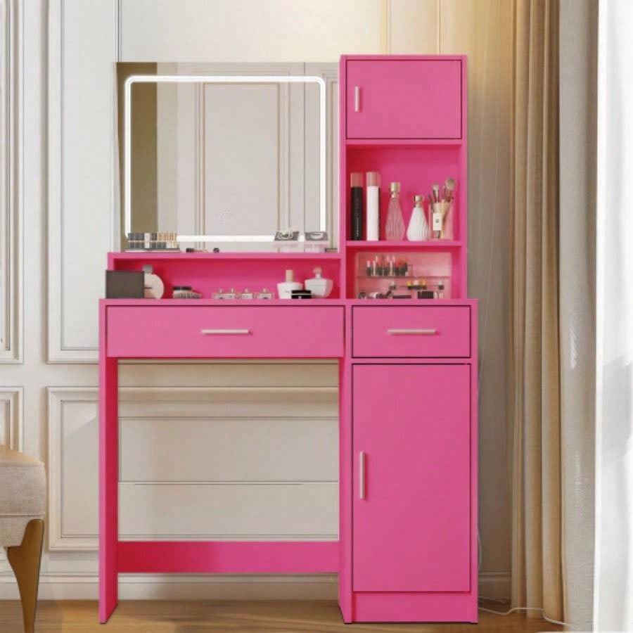 Vanity Desk with Mirror and LED Light Strip, Dressing Table with Large Drawer, 3 Level Storage Dresser 3 Lighting Modes Adjustable Brightness, Suitable Bedroom Pink