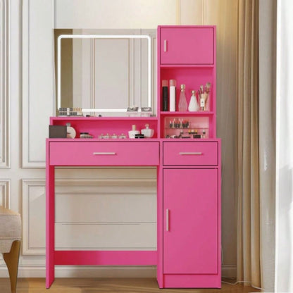 Vanity Desk with Mirror and LED Light Strip, Dressing Table with Large Drawer, 3 Level Storage Dresser 3 Lighting Modes Adjustable Brightness, Suitable Bedroom Pink