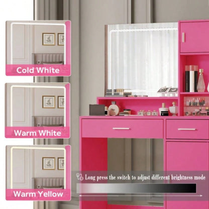 Vanity Desk with Mirror and LED Light Strip, Dressing Table with Large Drawer, 3 Level Storage Dresser 3 Lighting Modes Adjustable Brightness, Suitable Bedroom Pink