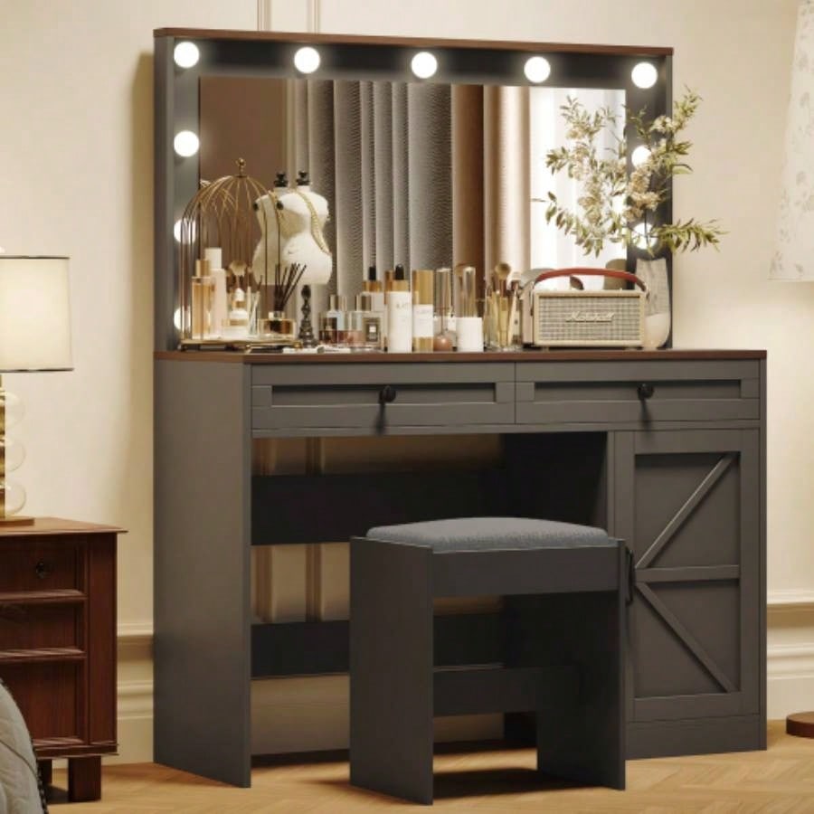 43.4Makeup Vanity Table, Makeup Table with Large Mirror and 11 LED Light, Brightness Adjustable, Dressing Table Desk with 3 Drawers, Vanity Desk WomenBlack with Stool