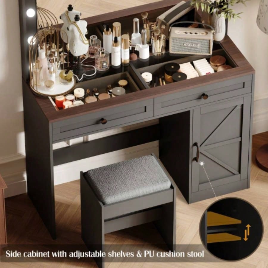 43.4Makeup Vanity Table, Makeup Table with Large Mirror and 11 LED Light, Brightness Adjustable, Dressing Table Desk with 3 Drawers, Vanity Desk WomenBlack with Stool