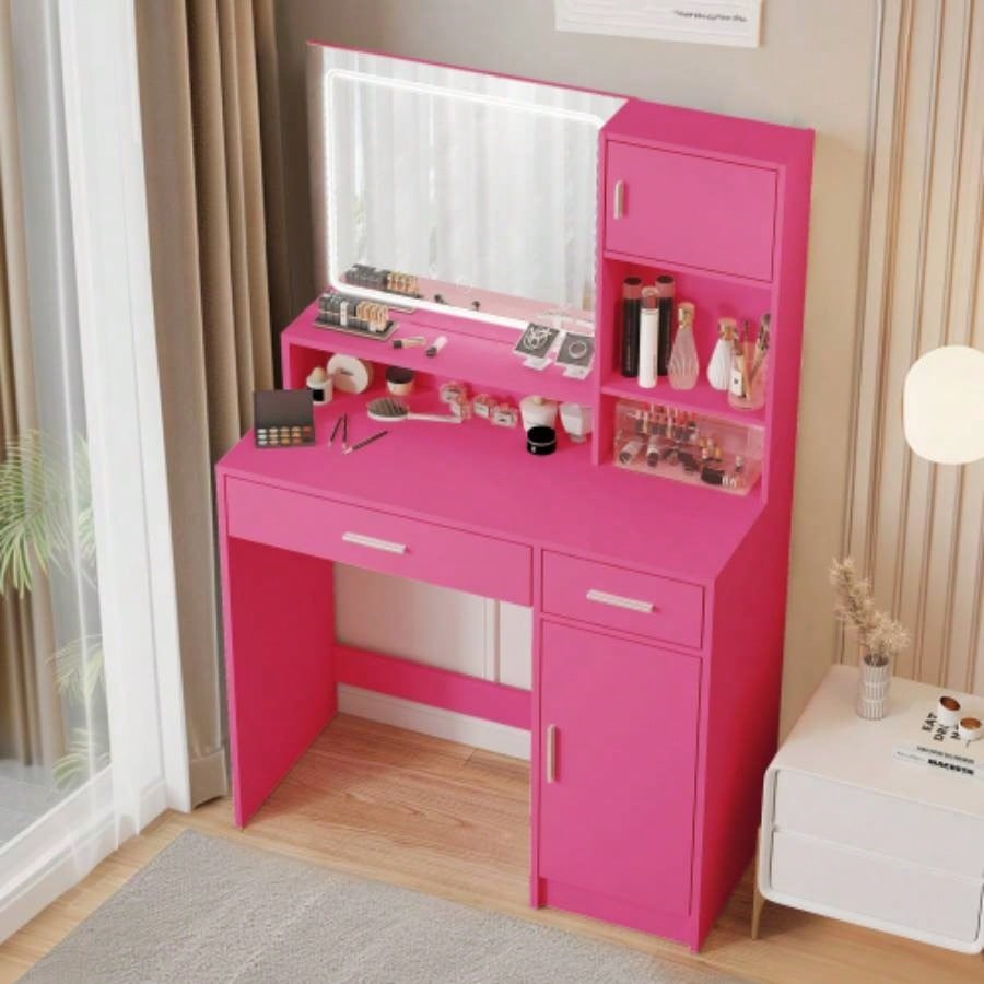 Vanity Desk with Mirror and LED Light Strip, Dressing Table with Large Drawer, 3 Level Storage Dresser 3 Lighting Modes Adjustable Brightness, Suitable Bedroom Pink