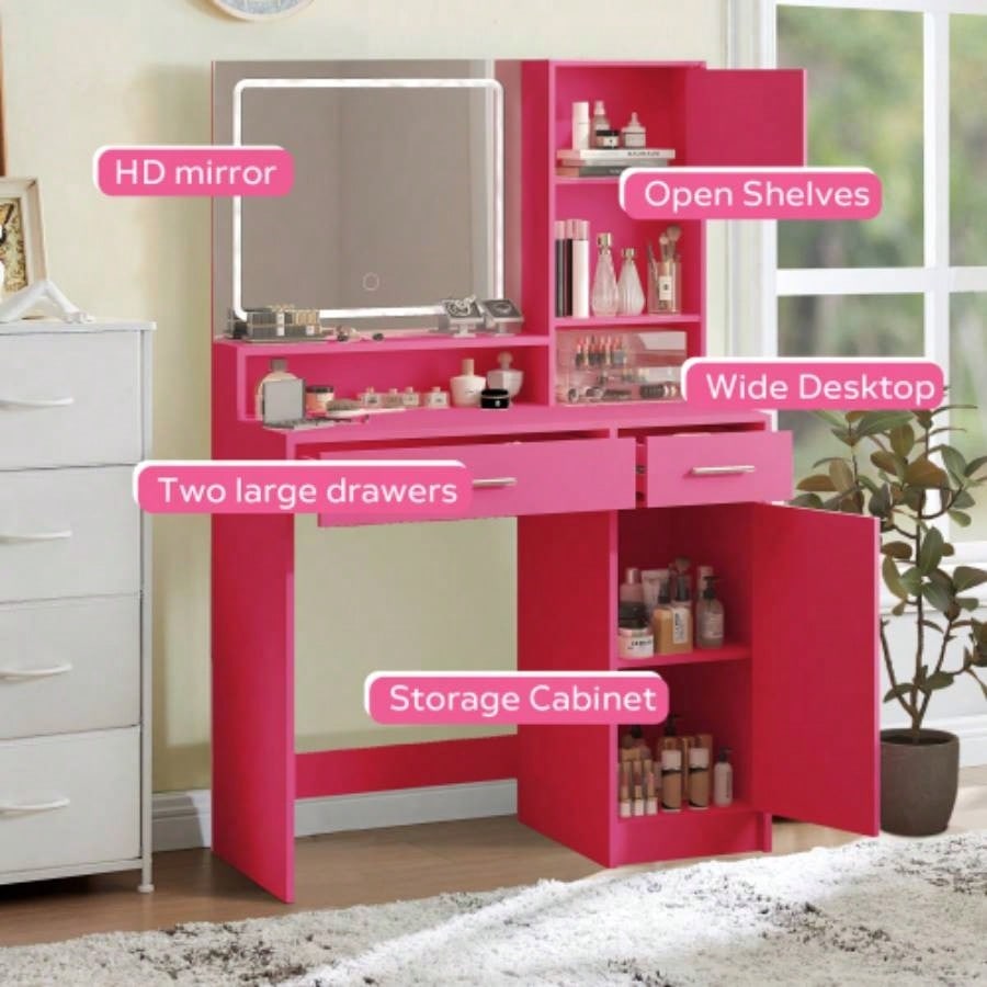 Vanity Desk with Mirror and LED Light Strip, Dressing Table with Large Drawer, 3 Level Storage Dresser 3 Lighting Modes Adjustable Brightness, Suitable Bedroom Pink