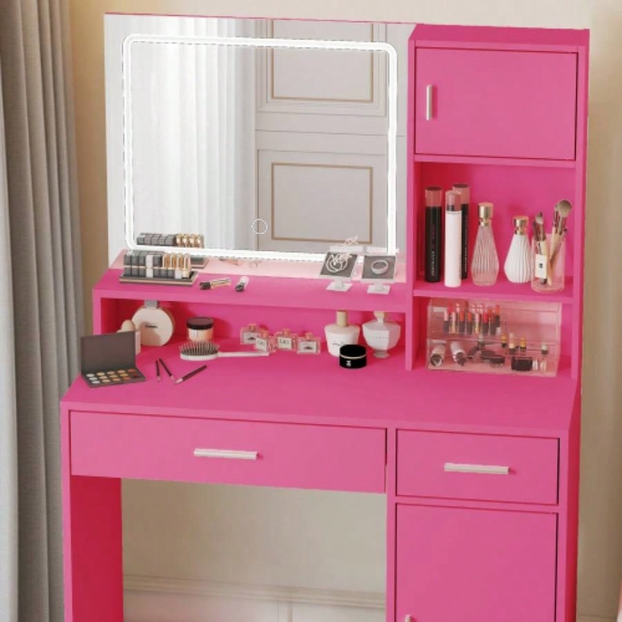 Vanity Desk with Mirror and LED Light Strip, Dressing Table with Large Drawer, 3 Level Storage Dresser 3 Lighting Modes Adjustable Brightness, Suitable Bedroom Pink