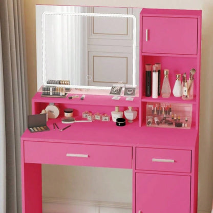 Vanity Desk with Mirror and LED Light Strip, Dressing Table with Large Drawer, 3 Level Storage Dresser 3 Lighting Modes Adjustable Brightness, Suitable Bedroom Pink