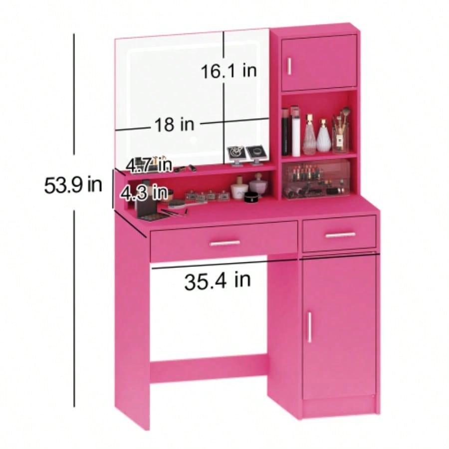 Vanity Desk with Mirror and LED Light Strip, Dressing Table with Large Drawer, 3 Level Storage Dresser 3 Lighting Modes Adjustable Brightness, Suitable Bedroom Pink