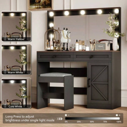 43.4Makeup Vanity Table, Makeup Table with Large Mirror and 11 LED Light, Brightness Adjustable, Dressing Table Desk with 3 Drawers, Vanity Desk WomenBlack with Stool