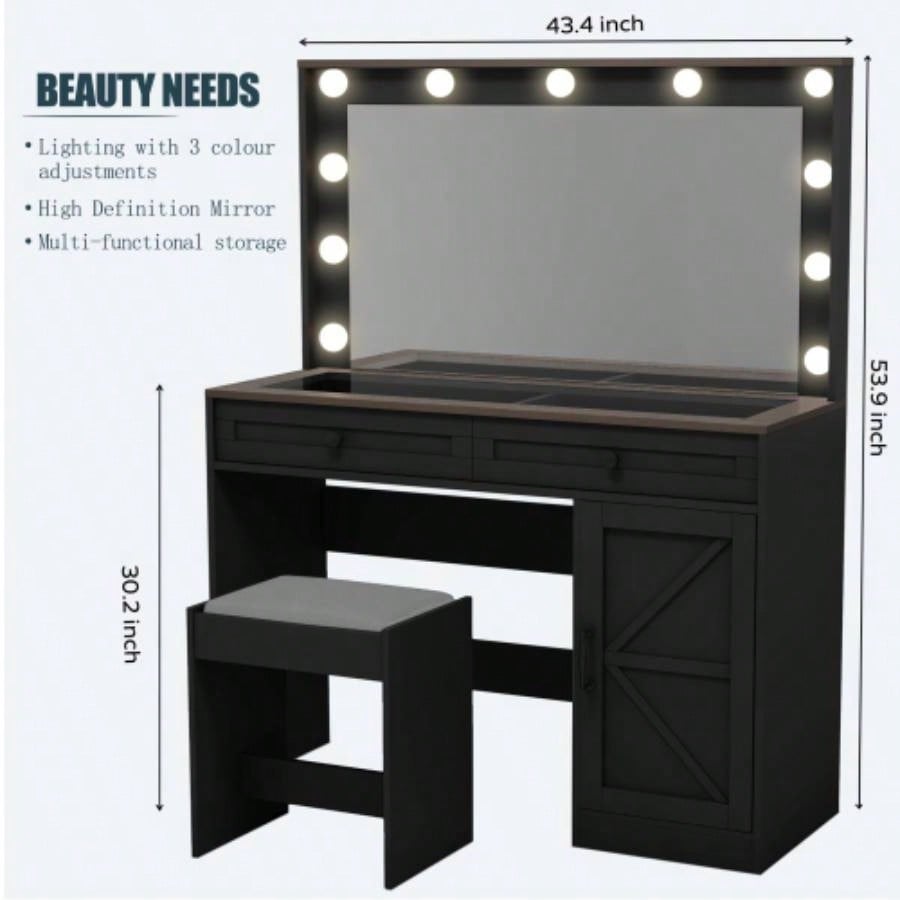 43.4Makeup Vanity Table, Makeup Table with Large Mirror and 11 LED Light, Brightness Adjustable, Dressing Table Desk with 3 Drawers, Vanity Desk WomenBlack with Stool