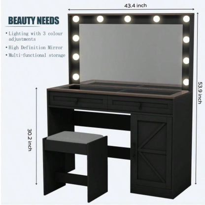 43.4Makeup Vanity Table, Makeup Table with Large Mirror and 11 LED Light, Brightness Adjustable, Dressing Table Desk with 3 Drawers, Vanity Desk WomenBlack with Stool