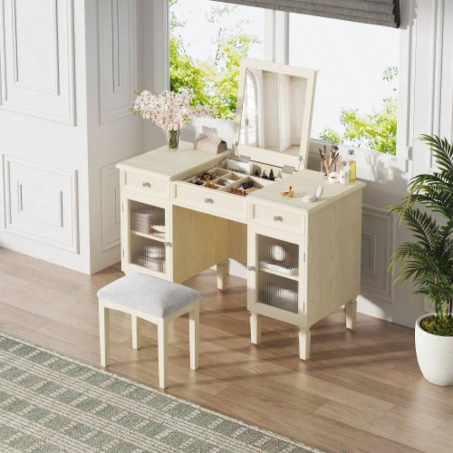 2 - in - 1 Vanity Desk with Flip - Top Mirror, Dressing Table Set with Drawer Cabinet, Multi - Functional Computer Writing Desk Study, Dressing Room, Bedroom, Living Room, White Oak
