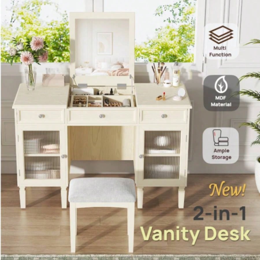 2 - in - 1 Vanity Desk with Flip - Top Mirror, Dressing Table Set with Drawer Cabinet, Multi - Functional Computer Writing Desk Study, Dressing Room, Bedroom, Living Room, White Oak