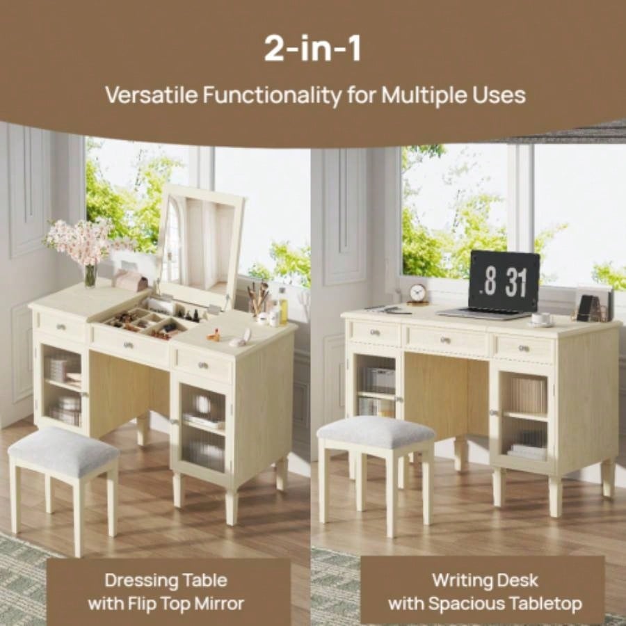 2 - in - 1 Vanity Desk with Flip - Top Mirror, Dressing Table Set with Drawer Cabinet, Multi - Functional Computer Writing Desk Study, Dressing Room, Bedroom, Living Room, White Oak